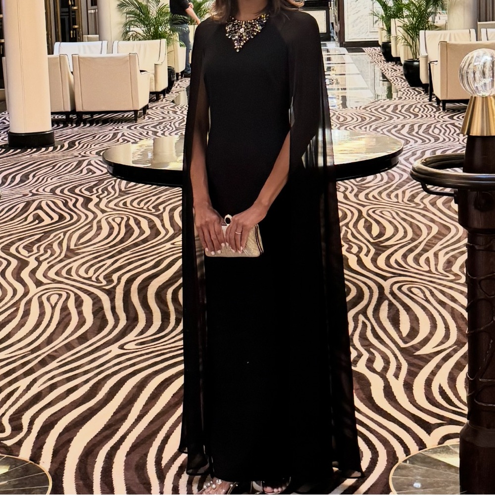 Elegant Black Evening Gown with Cape